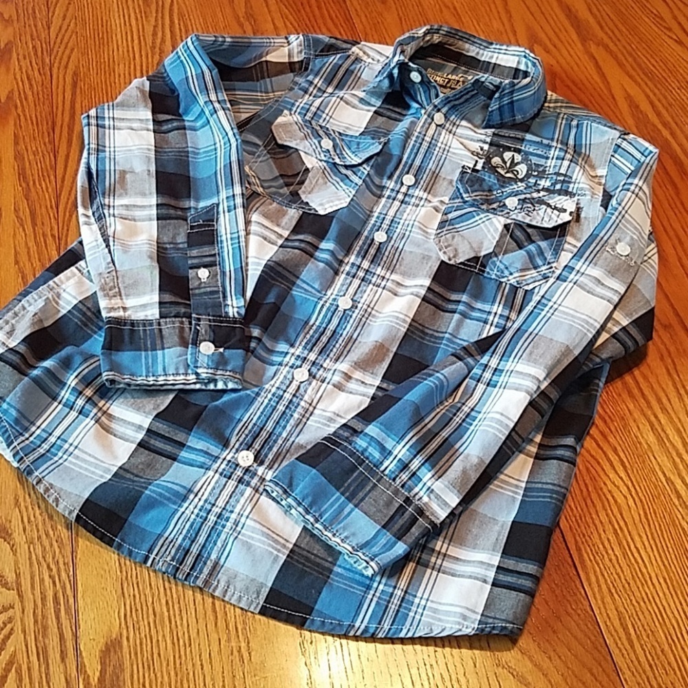 Helix Blue Plaid Button Down Back Graphics Shirt - Boy's Large